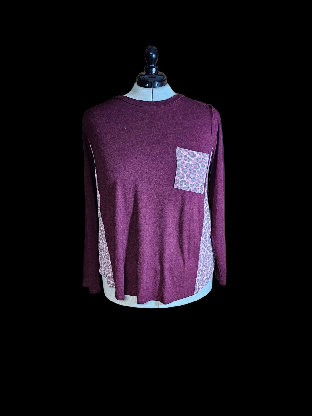 Zenana Outfitters Plum Long-Sleeve Top with Leopard Accent Pocket
